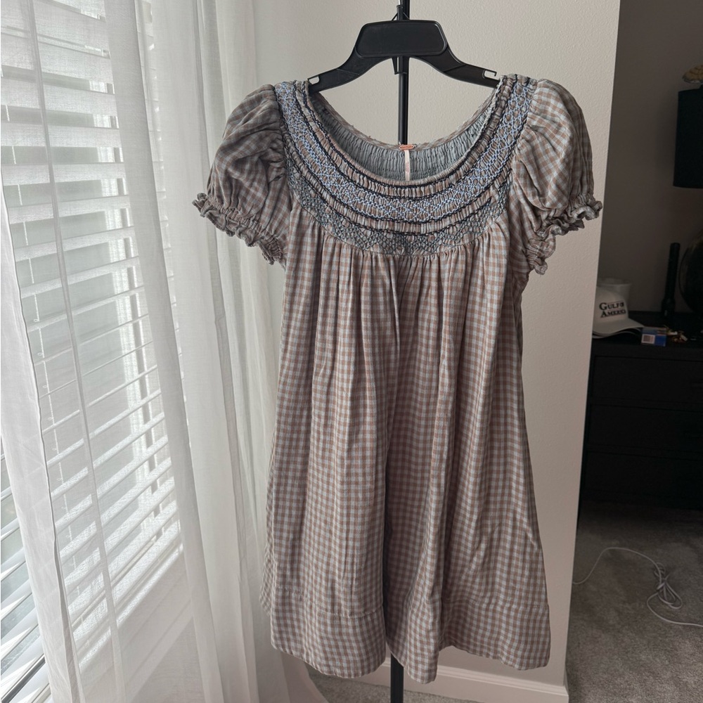 Free People Gingham Poet Smocked Mini Dress